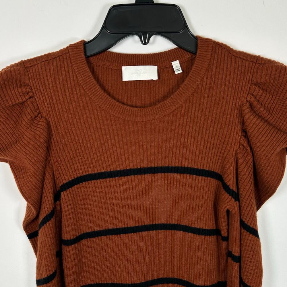 7 For All Mankind Puff Sleeve Striped Sweater Rust Orange Black Small EUC Knit